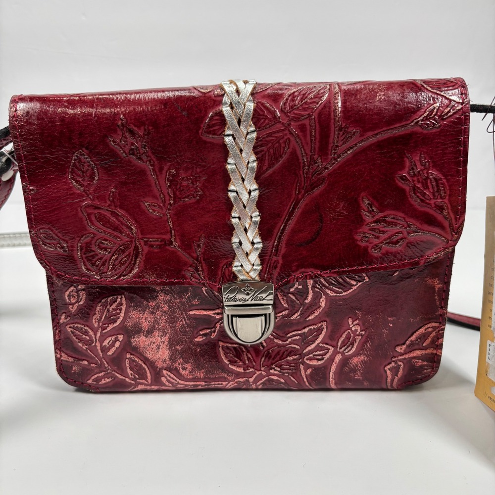 NEW Patricia Nash Bianco Small Crossbody Berry Red Floral Embossed Leather Bag